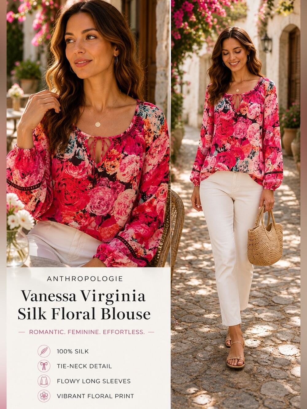 Anthropologie Vanessa Virginia Silk Peasant Blouse Pink Rose Print Size Small